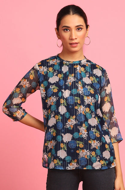 Janasya Women's Navy Blue Poly Georgette Floral Print Regular Top