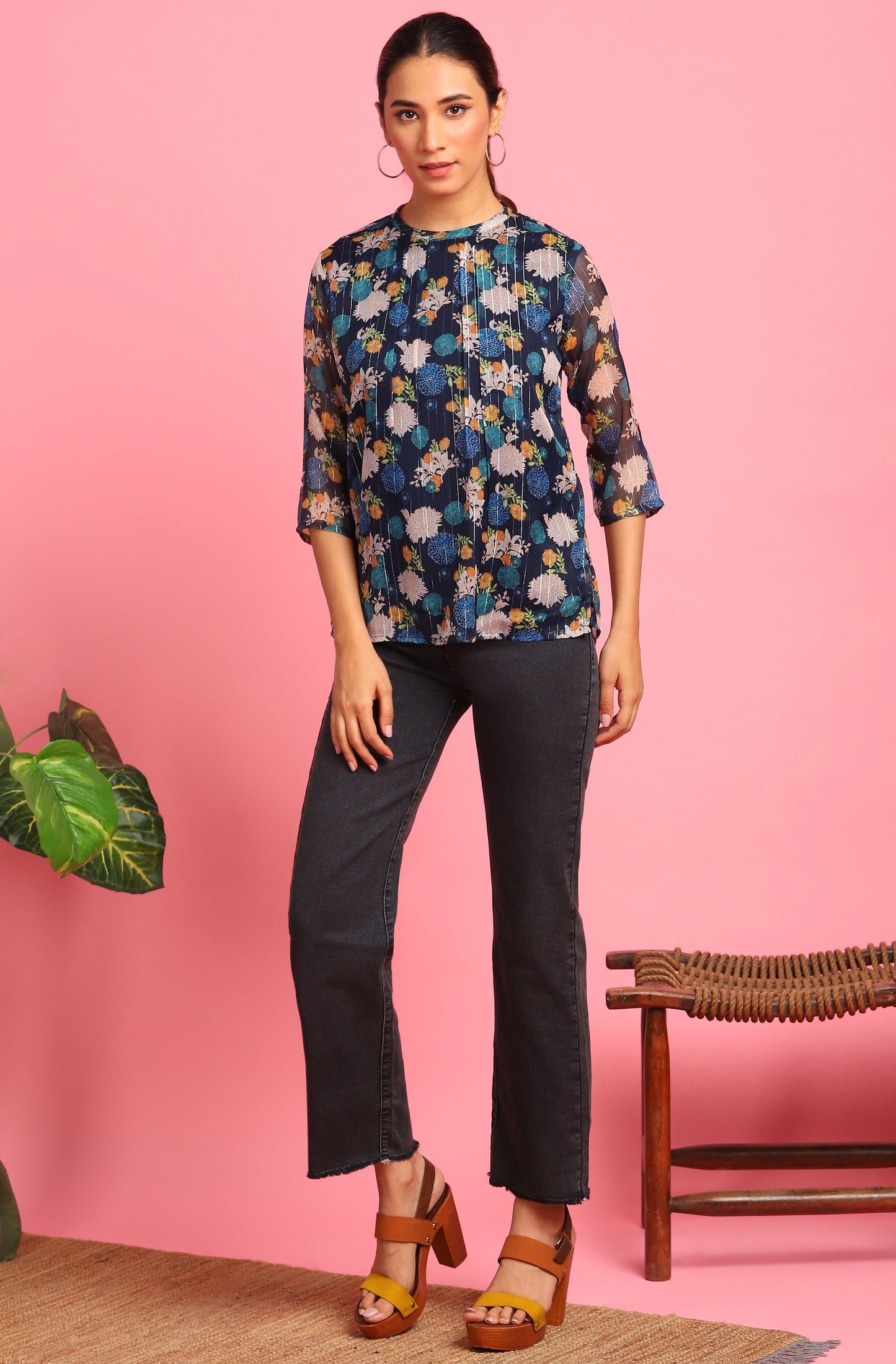Janasya Women's Navy Blue Poly Georgette Floral Print Regular Top