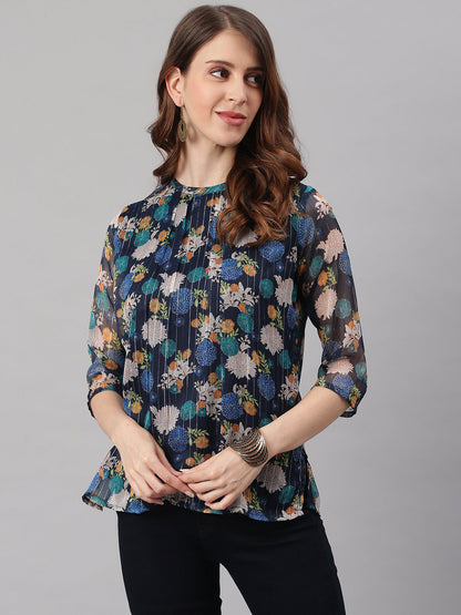 Janasya Women's Navy Blue Poly Georgette Floral Print Regular Top