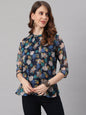 Janasya Women's Navy Blue Poly Georgette Floral Print Regular Top