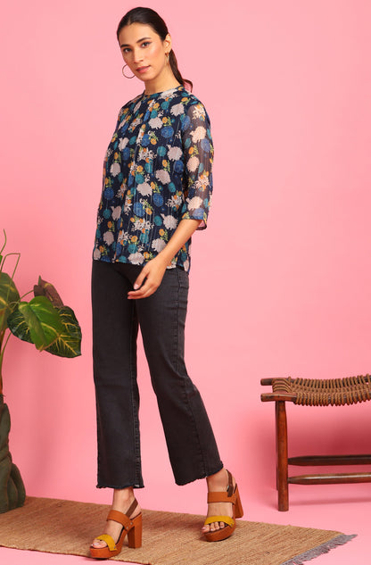 Janasya Women's Navy Blue Poly Georgette Floral Print Regular Top