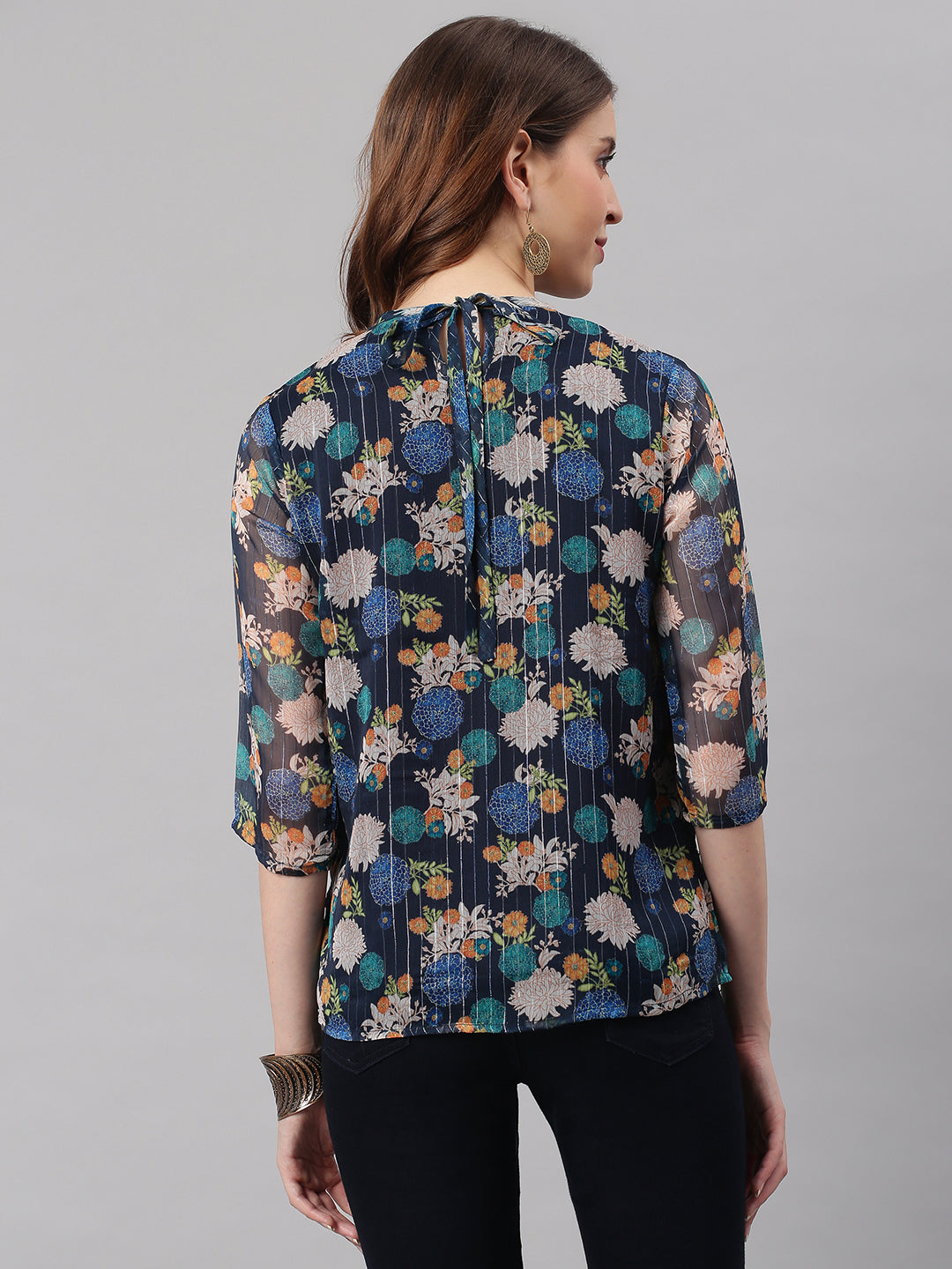 Janasya Women's Navy Blue Poly Georgette Floral Print Regular Top