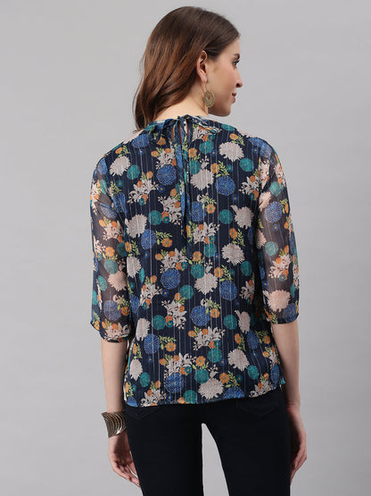 Janasya Women's Navy Blue Poly Georgette Floral Print Regular Top