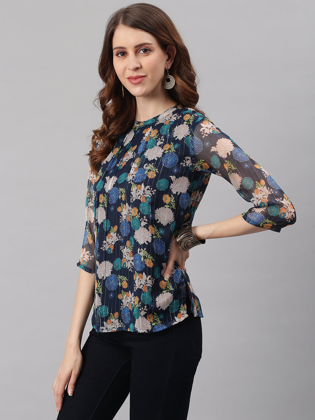 Janasya Women's Navy Blue Poly Georgette Floral Print Regular Top