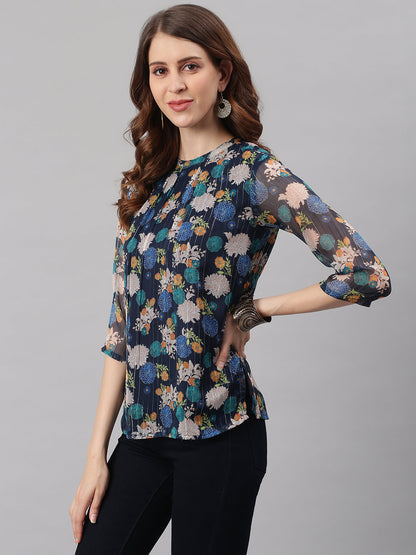 Janasya Women's Navy Blue Poly Georgette Floral Print Regular Top