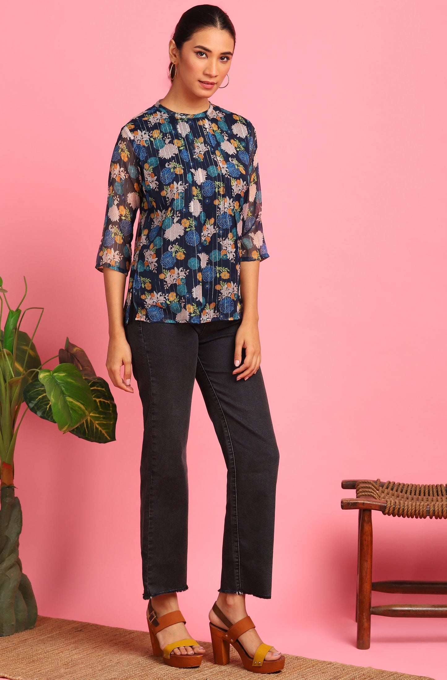Janasya Women's Navy Blue Poly Georgette Floral Print Regular Top