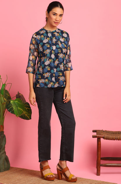 Janasya Women's Navy Blue Poly Georgette Floral Print Regular Top