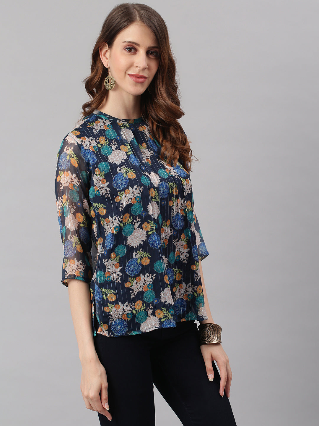 Janasya Women's Navy Blue Poly Georgette Floral Print Regular Top