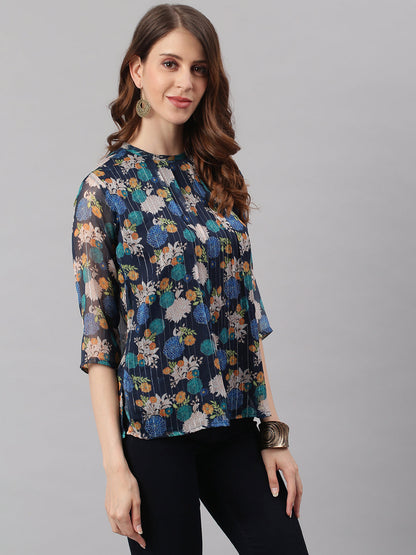 Janasya Women's Navy Blue Poly Georgette Floral Print Regular Top