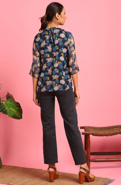 Janasya Women's Navy Blue Poly Georgette Floral Print Regular Top