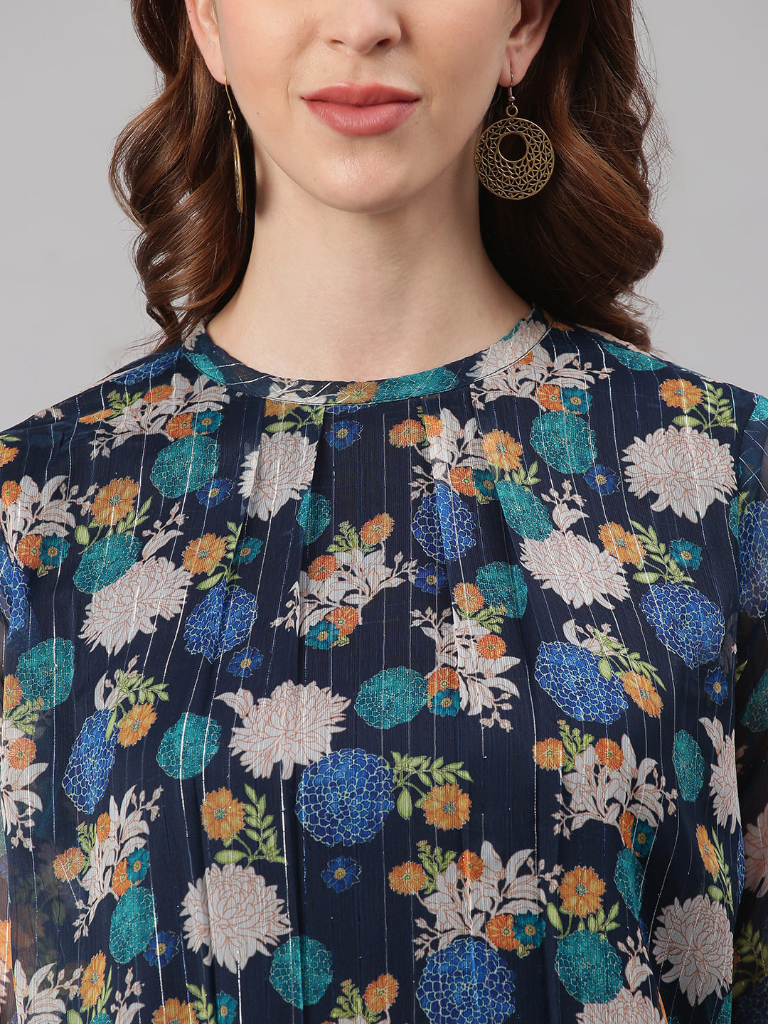 Janasya Women's Navy Blue Poly Georgette Floral Print Regular Top