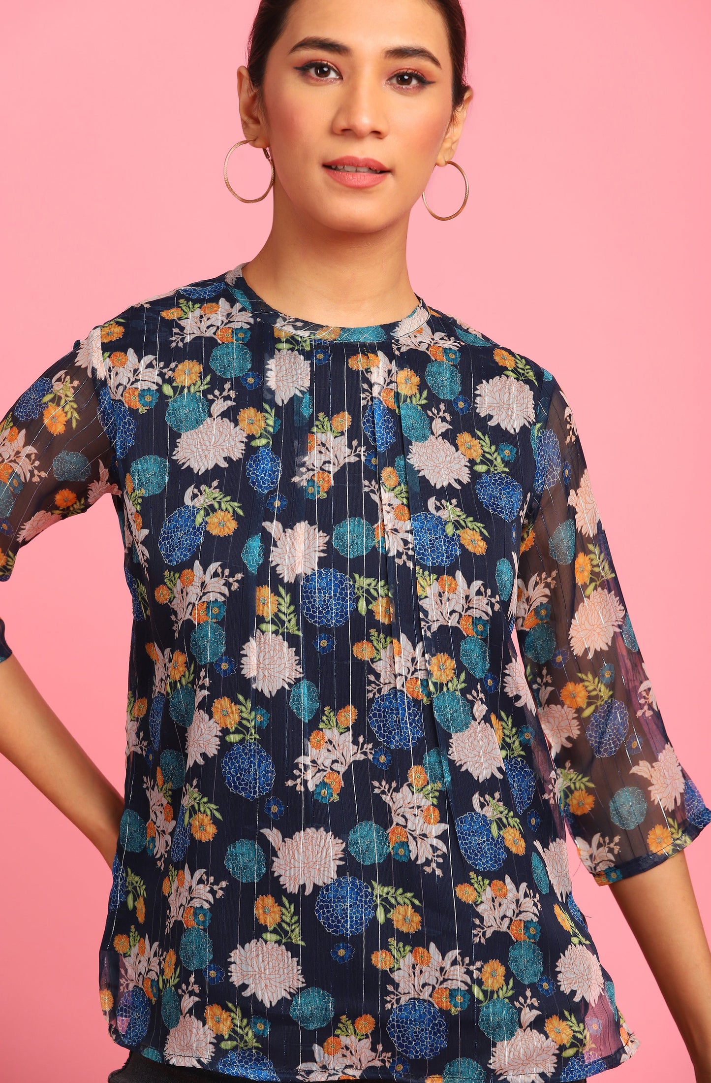 Janasya Women's Navy Blue Poly Georgette Floral Print Regular Top