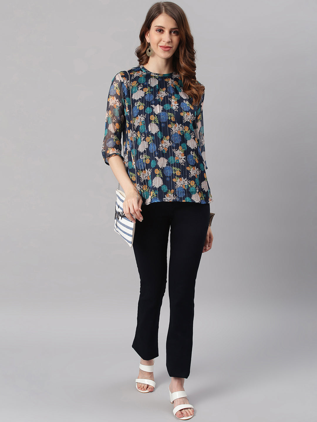 Janasya Women's Navy Blue Poly Georgette Floral Print Regular Top