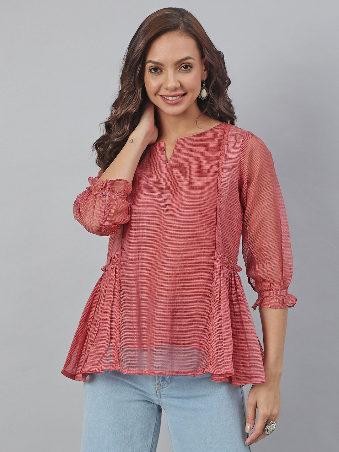 Janasya Women's Old Rose Kota Doria Solid Panelled Top