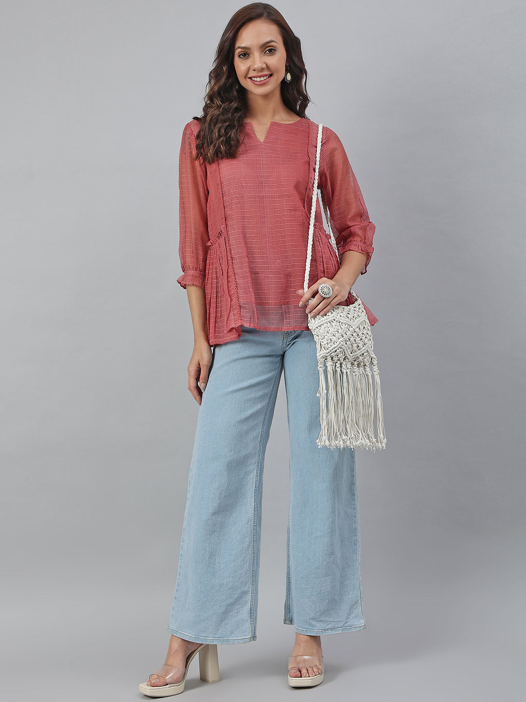 Janasya Women's Old Rose Kota Doria Solid Panelled Top