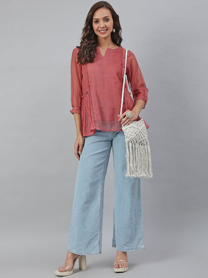 Janasya Women's Old Rose Kota Doria Solid Panelled Top
