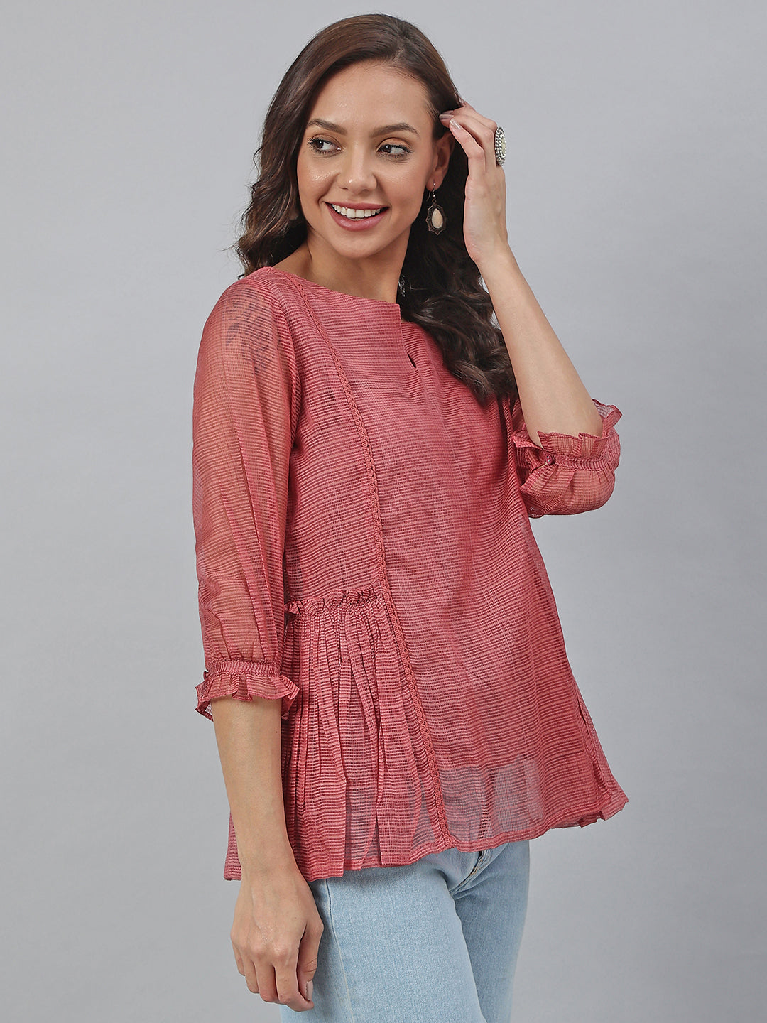 Janasya Women's Old Rose Kota Doria Solid Panelled Top