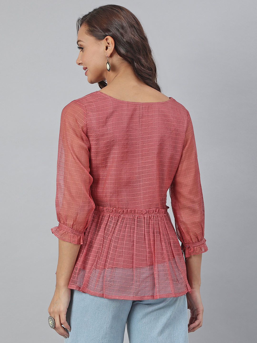 Janasya Women's Old Rose Kota Doria Solid Panelled Top