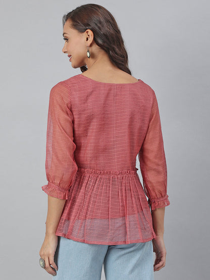 Janasya Women's Old Rose Kota Doria Solid Panelled Top