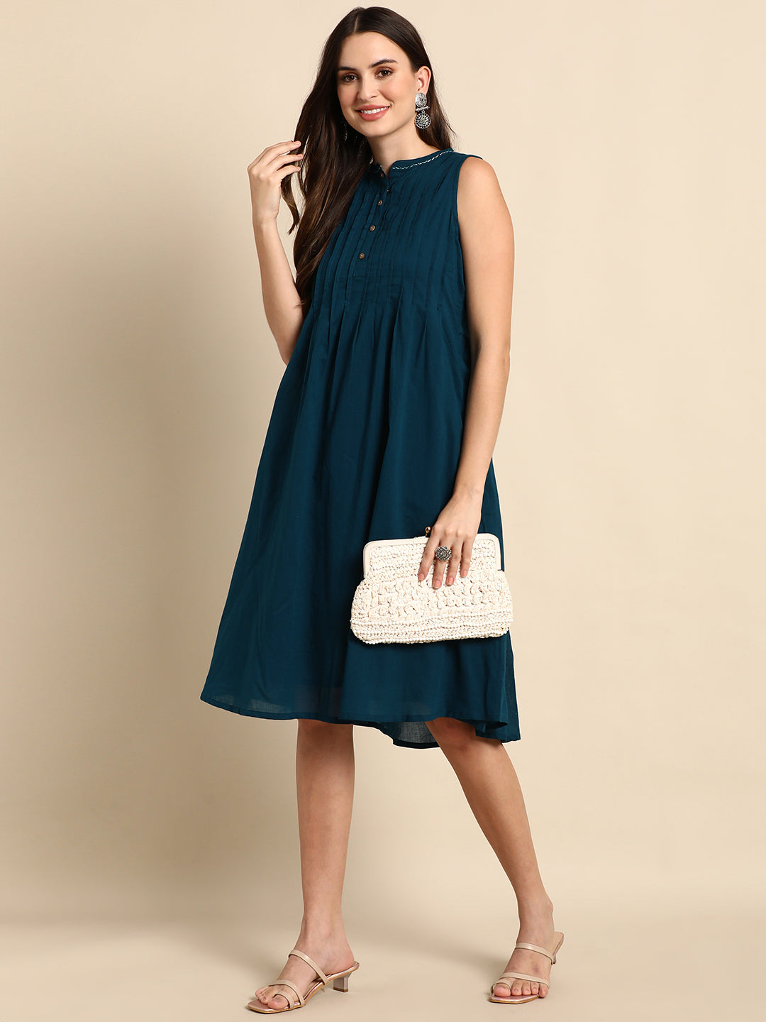 Janasya Women's Teal Cotton Solid A-line Western Dress