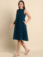 Janasya Women's Teal Cotton Solid A-line Western Dress
