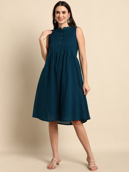 Janasya Women's Teal Cotton Solid A-line Western Dress