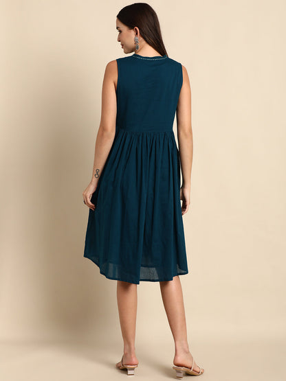 Janasya Women's Teal Cotton Solid A-line Western Dress
