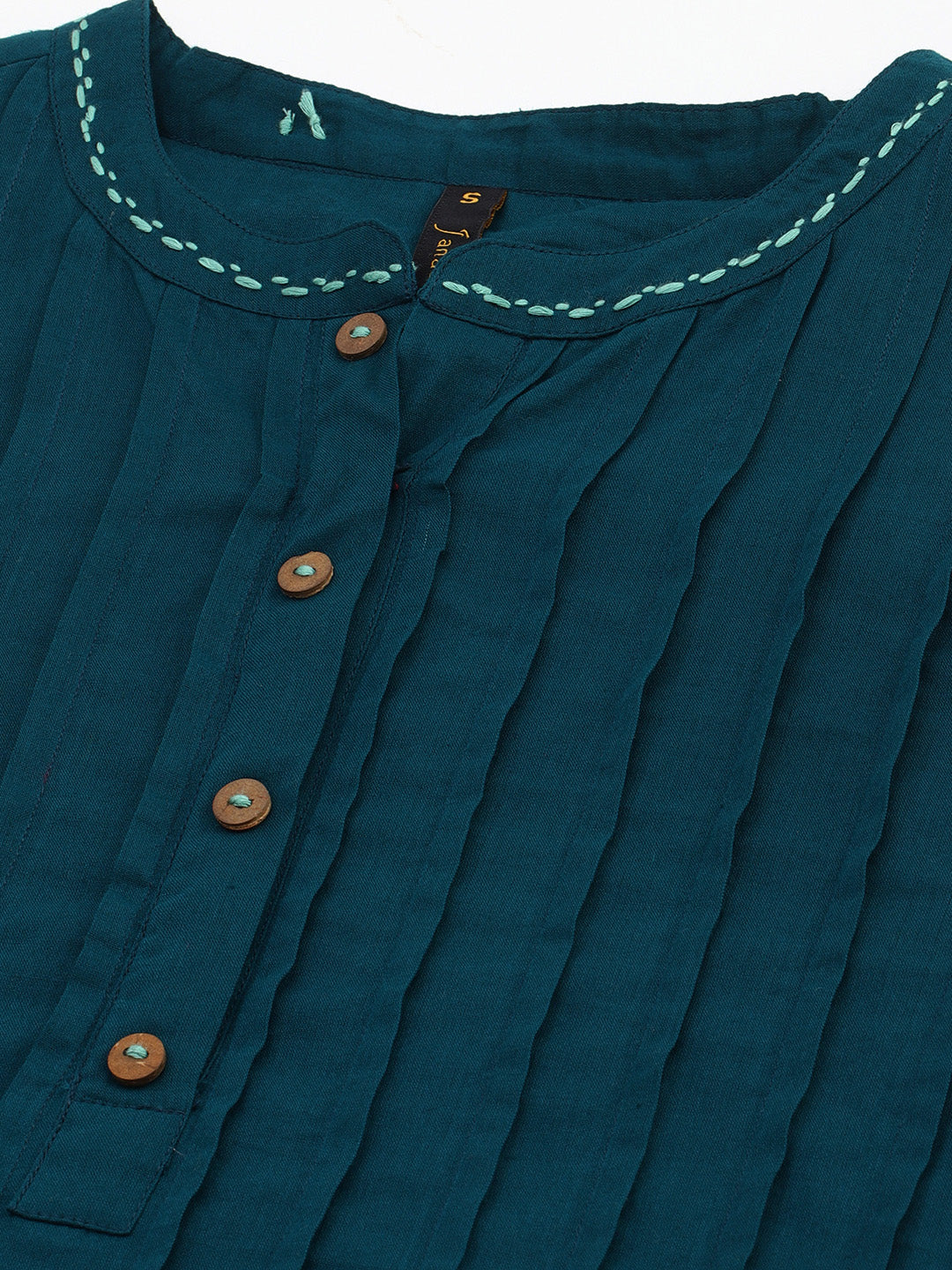 Janasya Women's Teal Cotton Solid A-line Western Dress