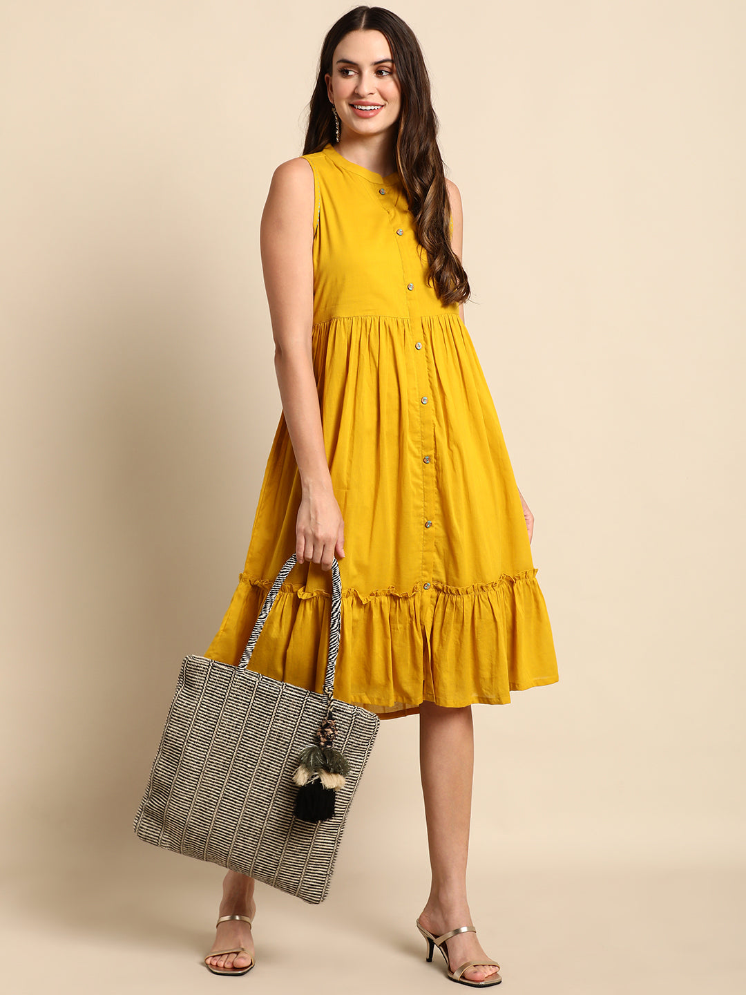 Janasya Women's Mustard Cotton Solid Flared Western Dress