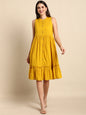 Janasya Women's Mustard Cotton Solid Flared Western Dress