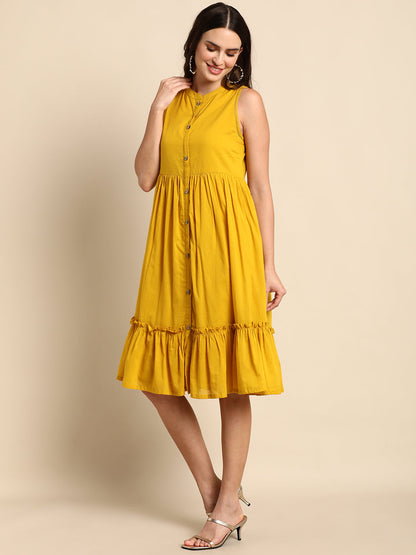 Janasya Women's Mustard Cotton Solid Flared Western Dress