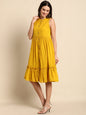 Janasya Women's Mustard Cotton Solid Flared Western Dress