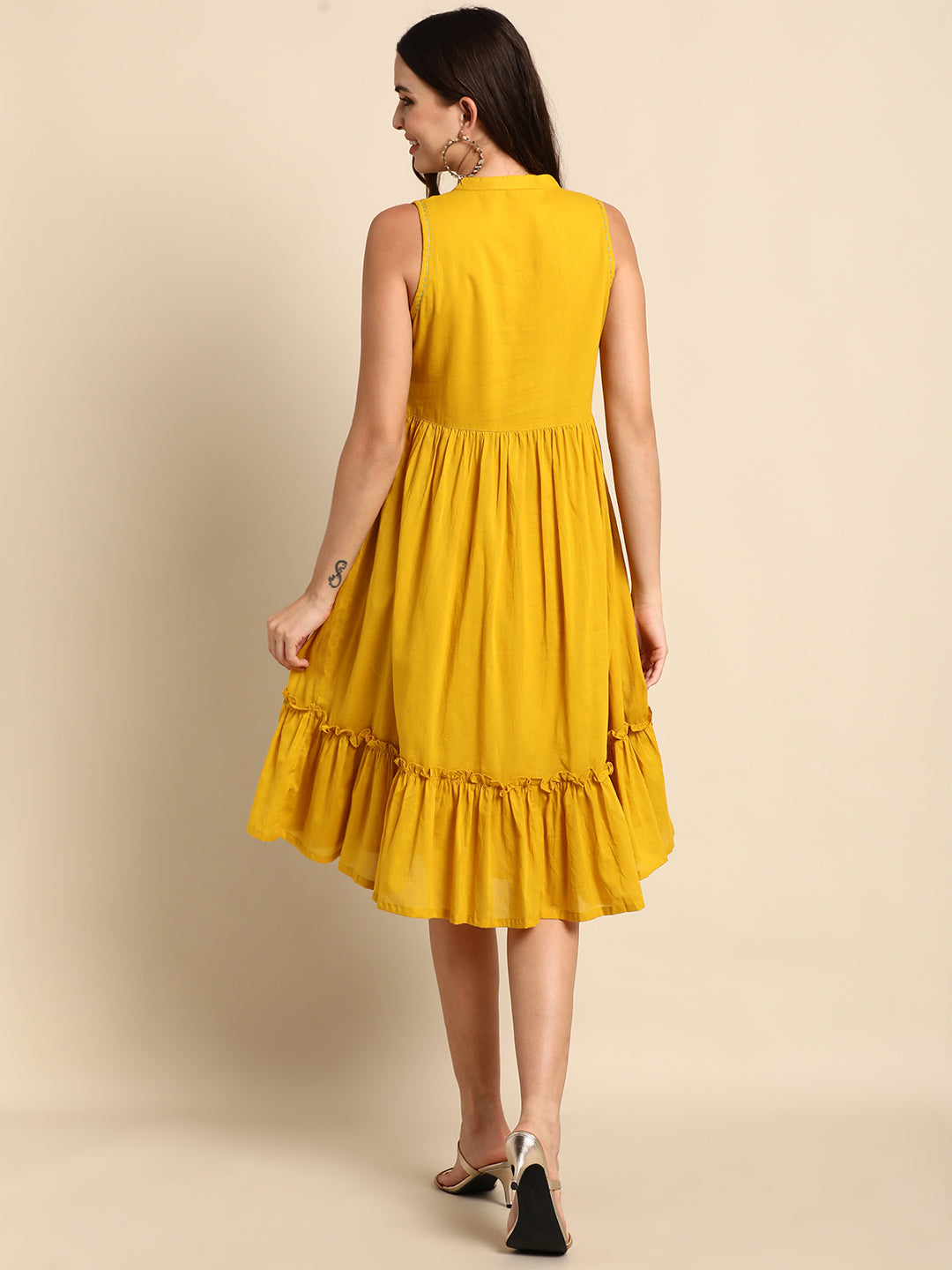 Janasya Women's Mustard Cotton Solid Flared Western Dress