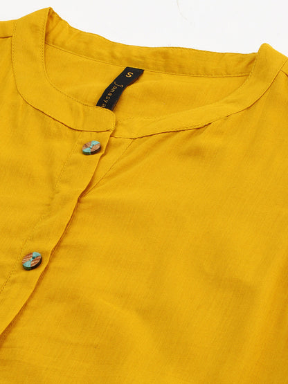 Janasya Women's Mustard Cotton Solid Flared Western Dress