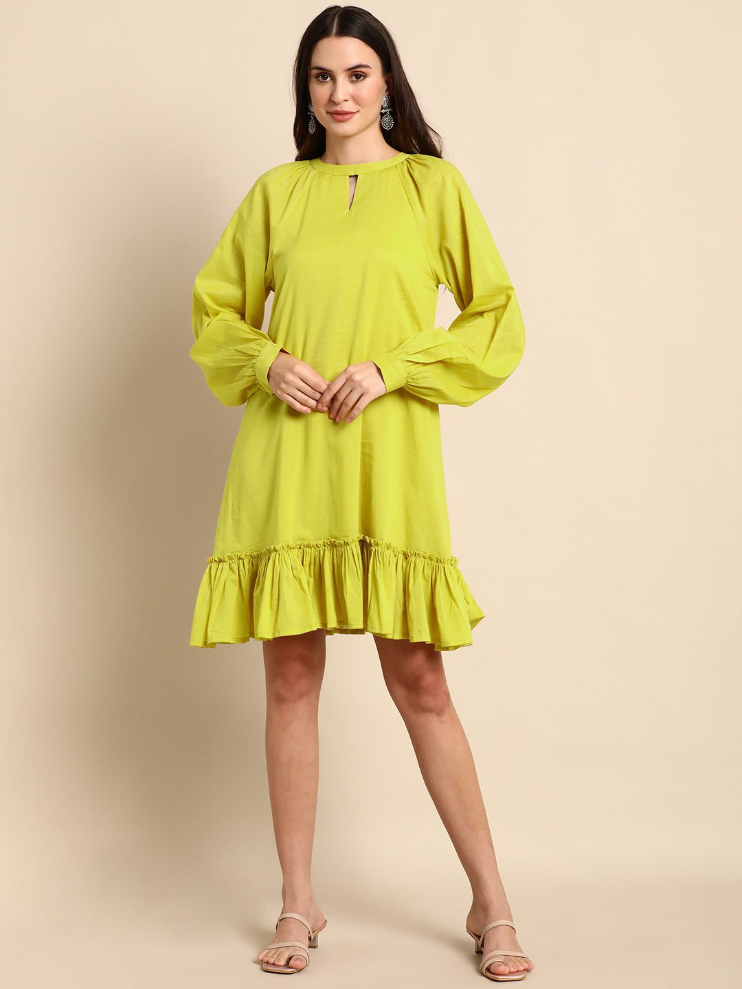 Janasya Women's Mustard Cotton Solid Drop-Waist Western Dress