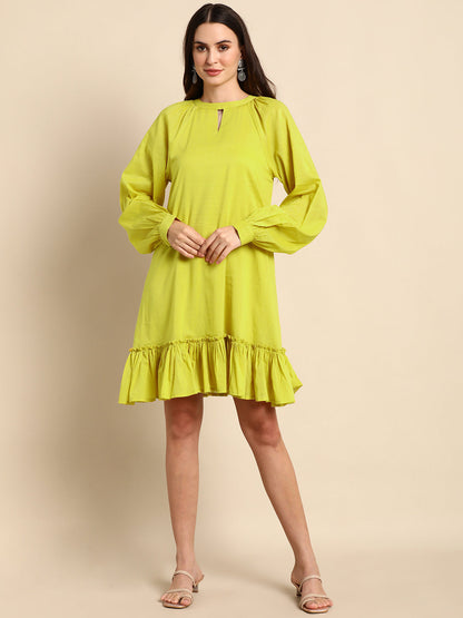 Janasya Women's Mustard Cotton Solid Drop-Waist Western Dress
