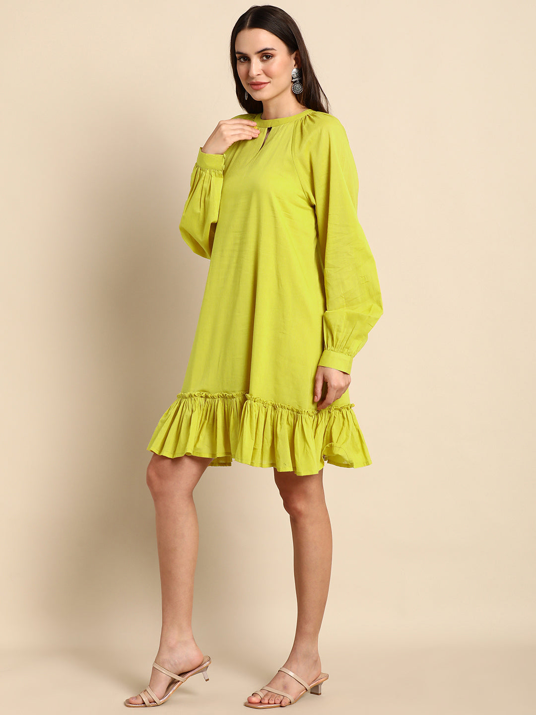 Janasya Women's Mustard Cotton Solid Drop-Waist Western Dress