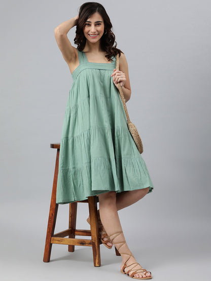 Janasya Women's Mint Green Cotton Solid Flared Western Dress