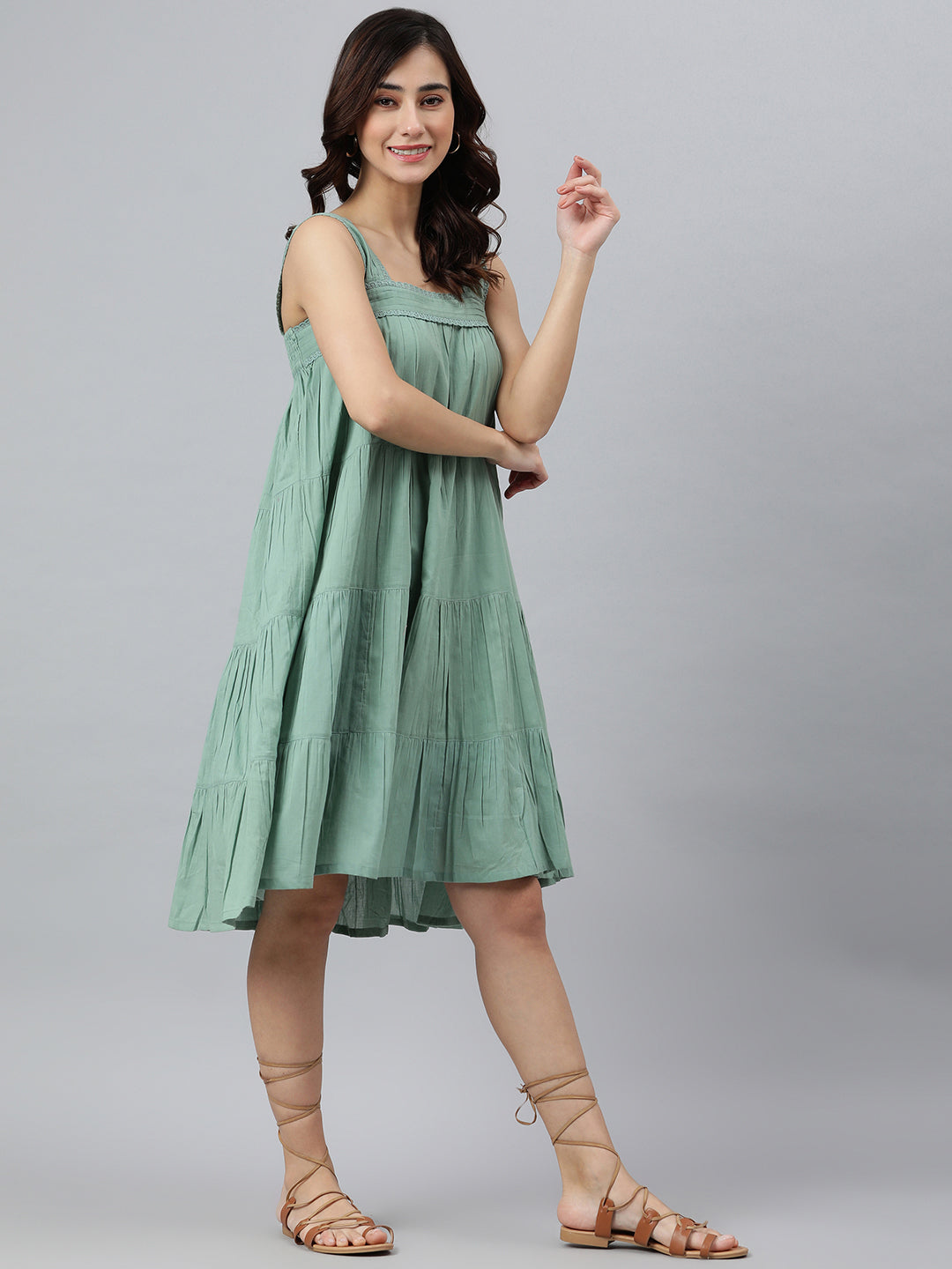 Janasya Women's Mint Green Cotton Solid Flared Western Dress