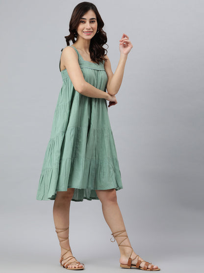 Janasya Women's Mint Green Cotton Solid Flared Western Dress