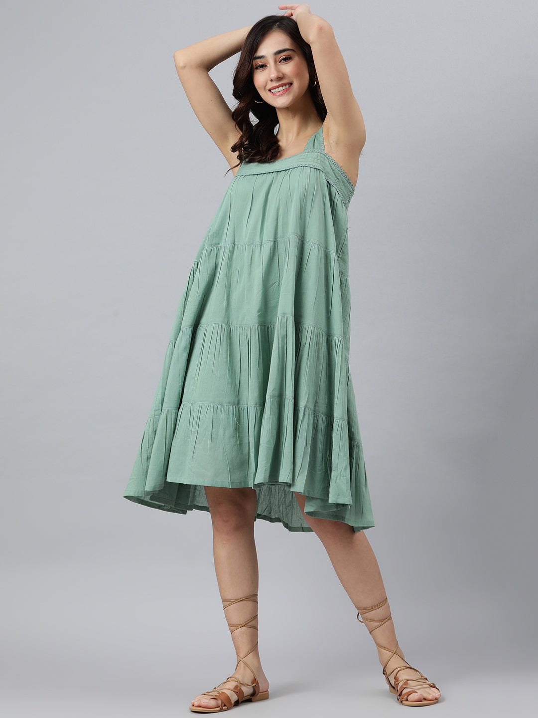 Janasya Women's Mint Green Cotton Solid Flared Western Dress