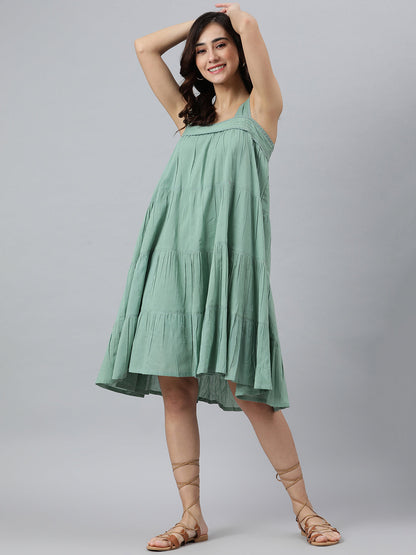 Janasya Women's Mint Green Cotton Solid Flared Western Dress
