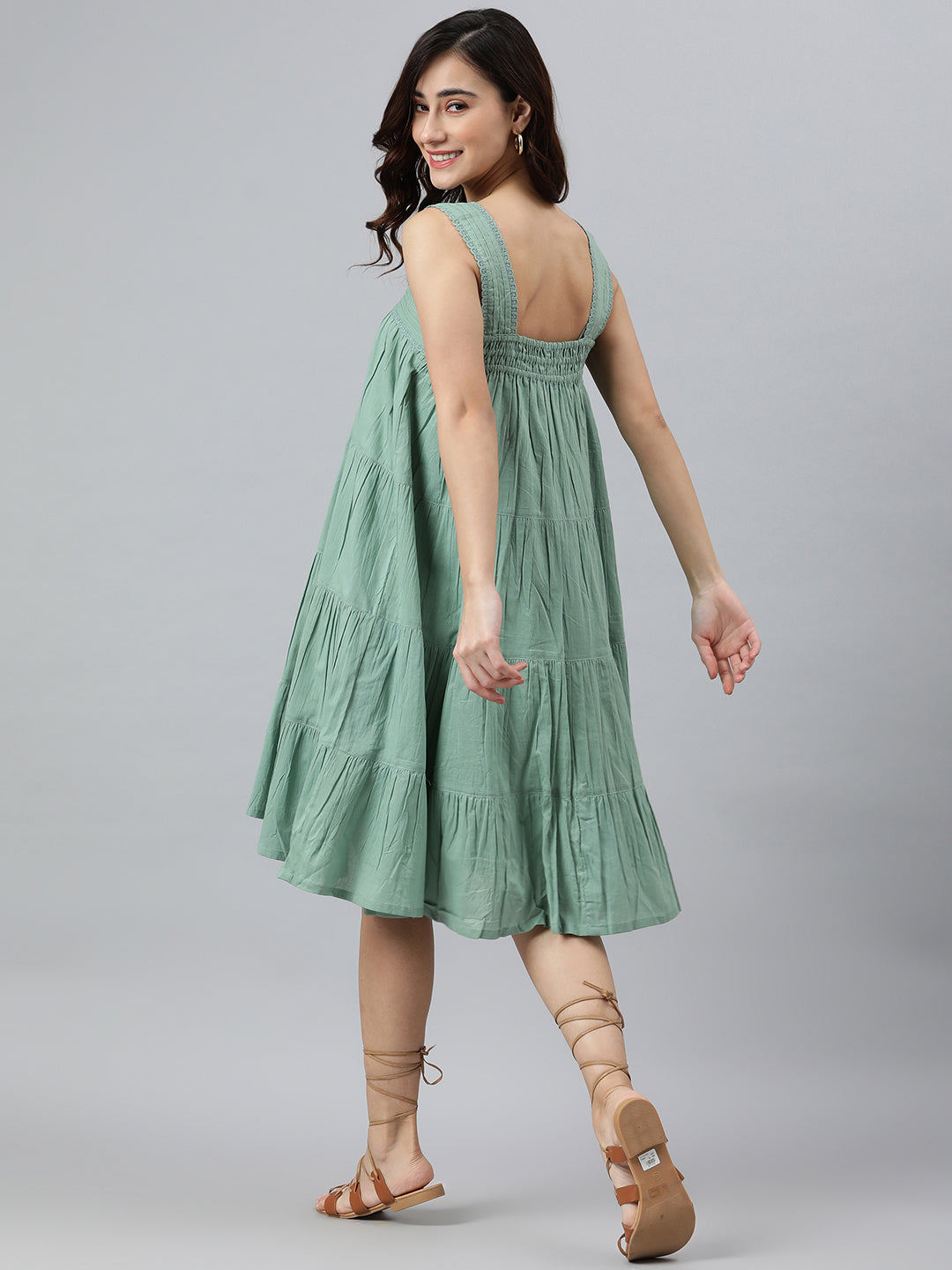 Janasya Women's Mint Green Cotton Solid Flared Western Dress