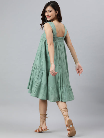 Janasya Women's Mint Green Cotton Solid Flared Western Dress
