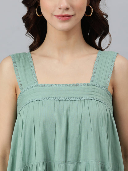 Janasya Women's Mint Green Cotton Solid Flared Western Dress