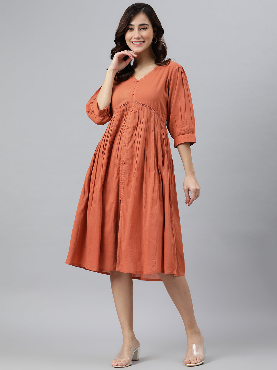 Janasya Women's Coral Orange Cotton Solid Flared Western Dress