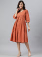 Janasya Women's Coral Orange Cotton Solid Flared Western Dress
