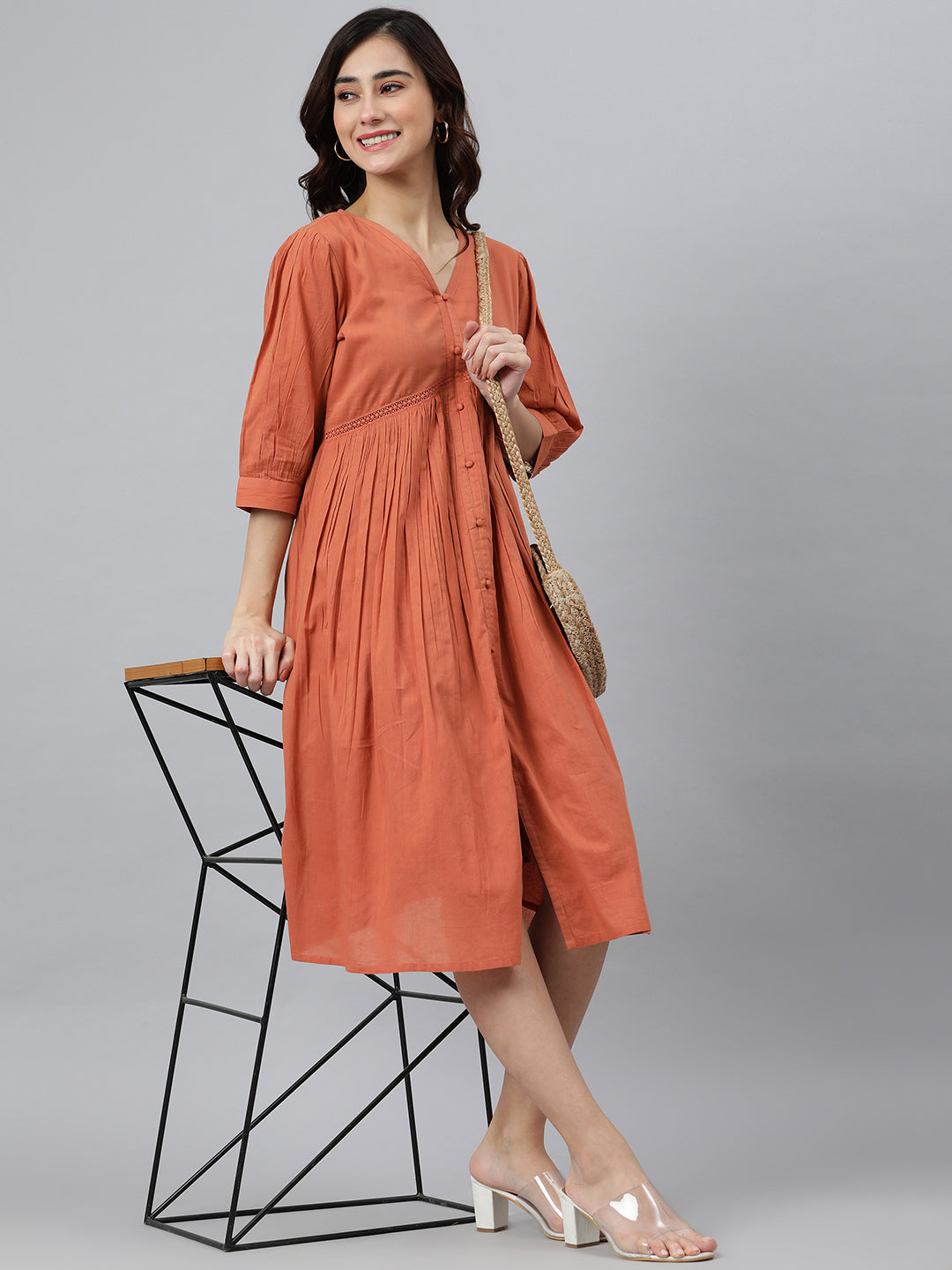 Janasya Women's Coral Orange Cotton Solid Flared Western Dress