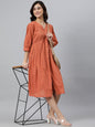 Janasya Women's Coral Orange Cotton Solid Flared Western Dress