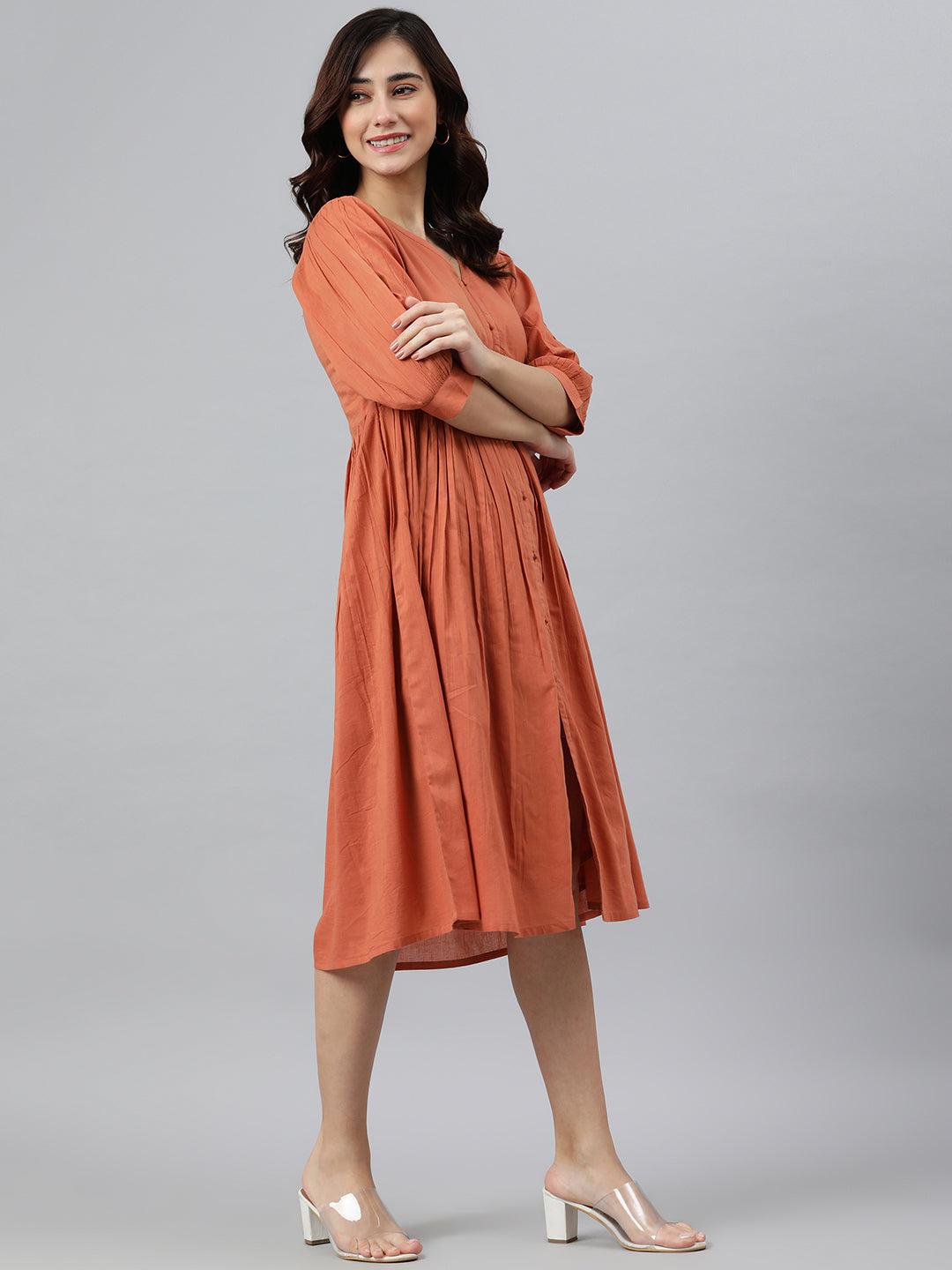 Janasya Women's Coral Orange Cotton Solid Flared Western Dress